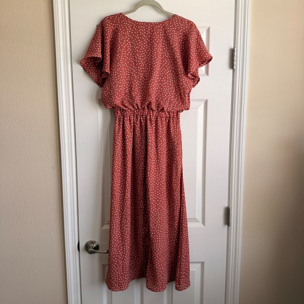 Sienna Sky Womens Rust Polka Dot V-Neck Flutter Sleeve Midi Dress Small - Picture 5 of 13